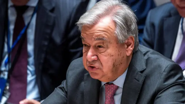 United Nations Secretary General Antonio Guterres speaks to members of Security Council as he attends a meeting to address the situation in the Middle East, including the Palestinian question, at U.N. headquarters in New York City, New York, U.S., April 18, 2024