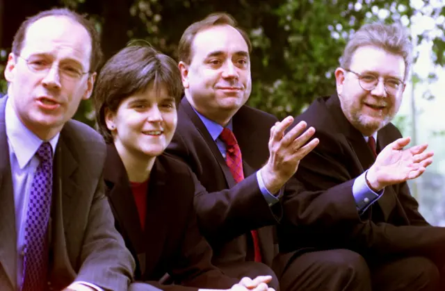 John Swinney pictured alongside Nicola Sturgeon, Alex Salmond and Mike Russell in May 1999