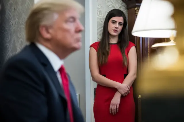 Madeleine Westerhout watches as President Donald Trump speaks in the Oval Office at the White House in Washington, DC on Friday, Feb. 02, 2018