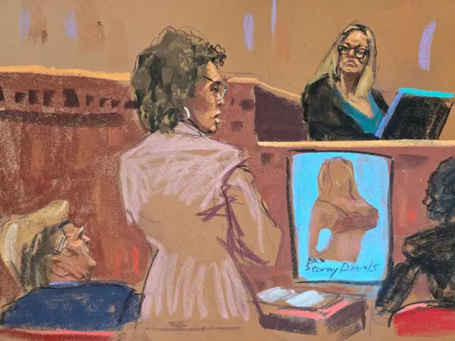 A court sketch of Stormy Daniels and Donald Trump