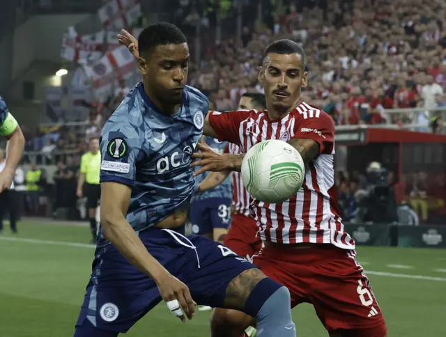 Aston Villa's Ezri Konsa in action with Olympiacos' Chiquinho