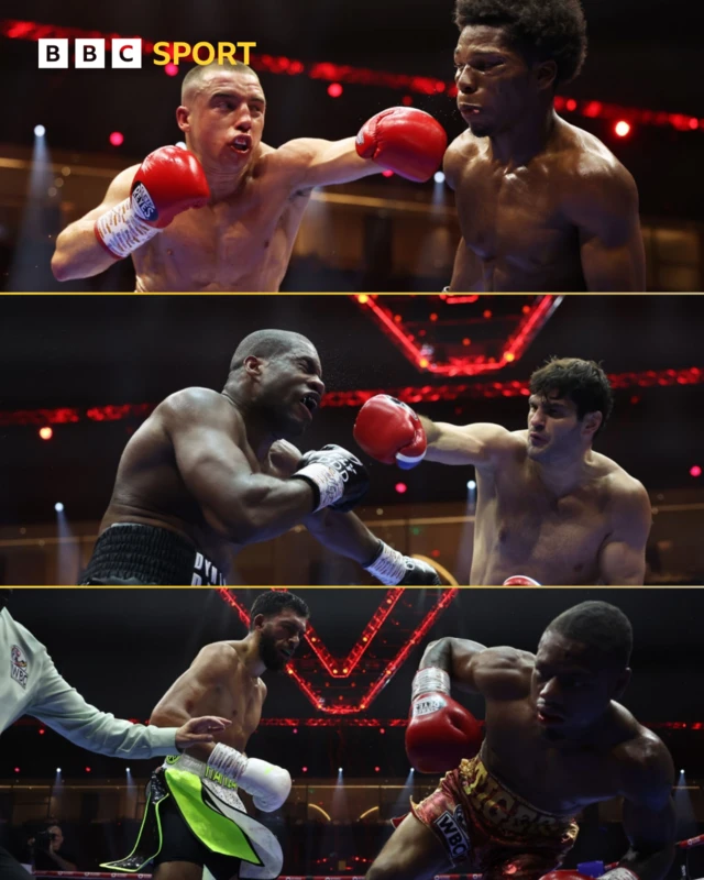 Split images of Nick Ball, Daniel Dubois and Hamzah Sheeraz hurting their opponents