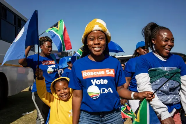 Democratic Alliance supporters celebrate the closing rally on May 26, 2024 in Benoni, South Africa.