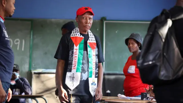 Julius Malema, leader of the South African opposition party Economic Freedom Fighters (EFF), wearing a Palestinian scarf, looks on as he prepares to vote during the South African elections in Seshego, Limpopo Province, South Africa May 29, 2024