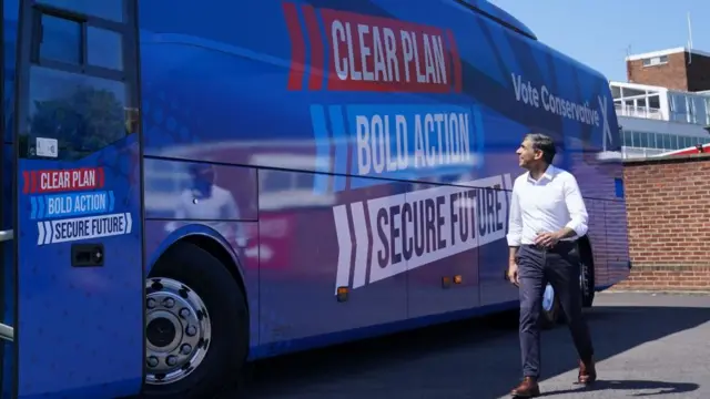 Rishi Sunak looks on at the Conservatives' battle bus, which has the words Bold Action, Secure Future and Clear Plan emblazoned across it