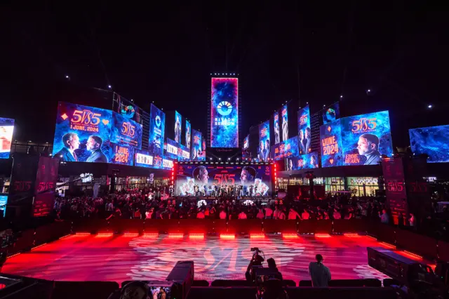 A stage for the weigh-ins at the five-versus-five event