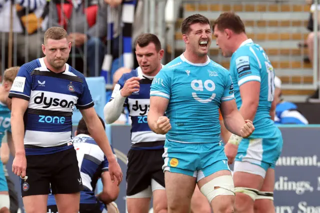 Sale's Ben Curry celebrates a try