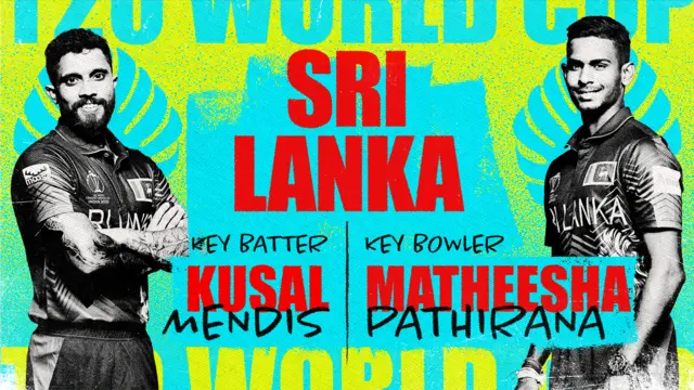 A graphic showing Kusal Mendis and Matheesha Pathirana as Sri Lanka's key batter and bowler at the Men's T20 World Cup