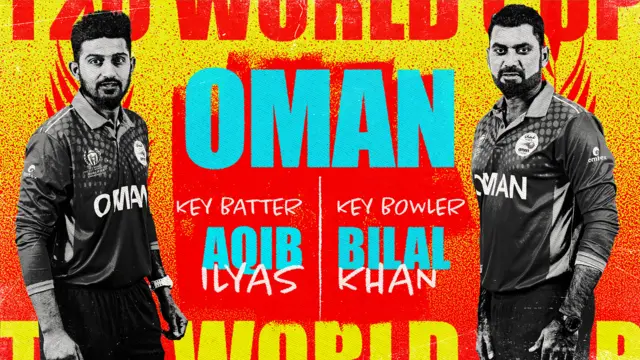 A graphic showing Aqib Ilyas and Bilal Khan as Oman's key batter and bowler at the Men's T20 World Cup