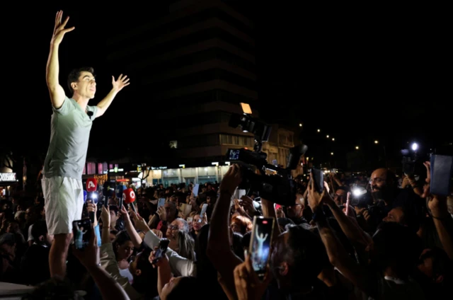 Fidias Panayiotou celebrates his victory at the European Union's parliamentary elections in Nicosia, Cyprus on 9 June 2024