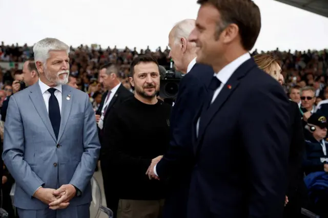 Petr Pavel, Volodymyr Zelensky, Joe Biden, and Emmanuel Macron at D-Day events last week