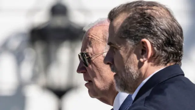 Profile views of US President Joe Biden (L) and his son Hunter Biden (R) are seen at the White House