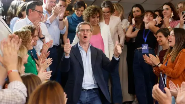 Alberto Núñez Feijóo from the conservative People’s Party (PP) celebrating victory in Spain's European election