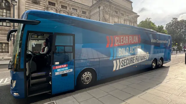 A blue bus - emblazoned with the words 'clear plan, bold action, secure future' and 'vote Conservative'