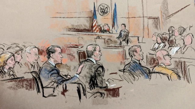 A court sketch of Hunter Biden listening to the jury in a Delaware court.