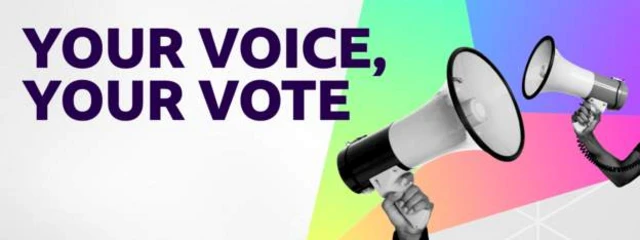 'Your voice, your vote' graphic reads with a microphone