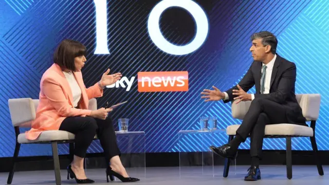 Beth Rigby and PM Rishi Sunak sit on a stage during a special Sky News event.