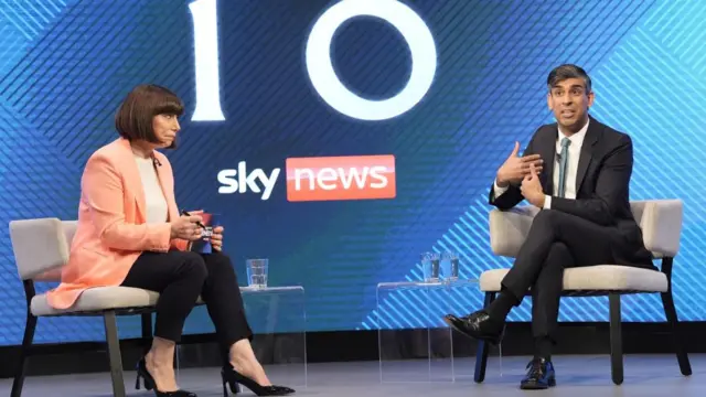 Beth Rigby and Rishi Sunak sit on stage during a Sky News event.