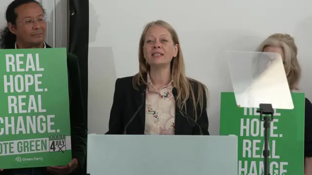 Sian Berry addresses an audience while unveiling the Green Party manifesto