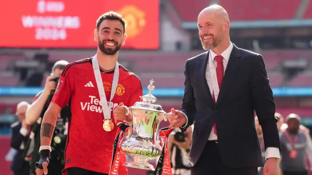 Bruno Fernandes and Erik ten Hag holding the FA Cup after Manchester United beat Manchester City in the 2024 final