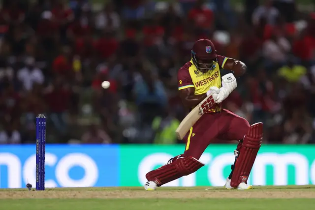 West Indies' Rovman Powell is dismissed against New Zealand