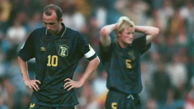 Gary McAllister and Colin Hendry looking dejected at Euro 96