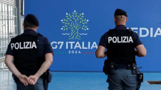 Police patrols outside the press centre facilities, ahead of the G7 summit