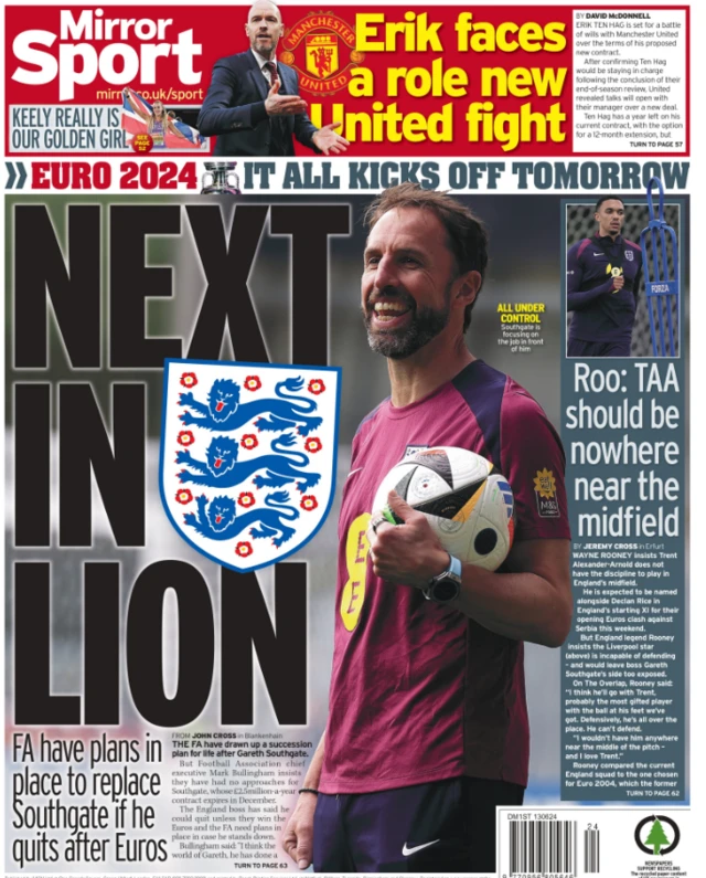 Back page of the Daily Mirror on 13 June 2024