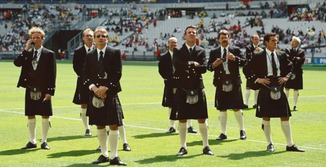 The Scotland squad wearing kilts at the Stade de France before they play Brazil at the 1998 World Cup