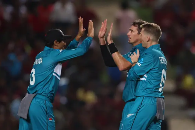 Tim Southee celebrates the wicket of Nicholas Pooran