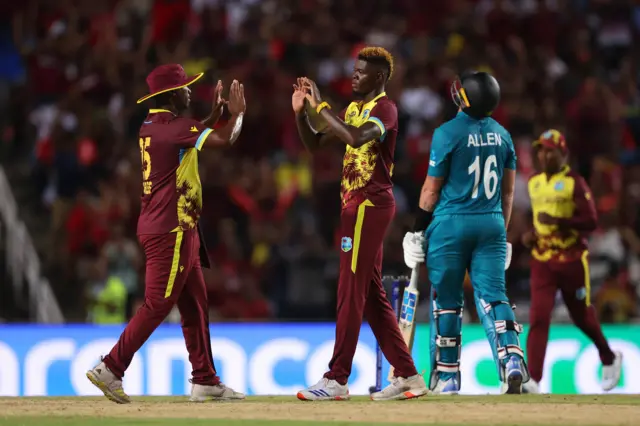 Alzarri Joseph celebrates the wicket of Finn Allen