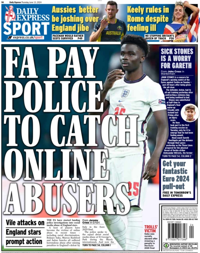 Back page of the Daily Express on 13 June 2024