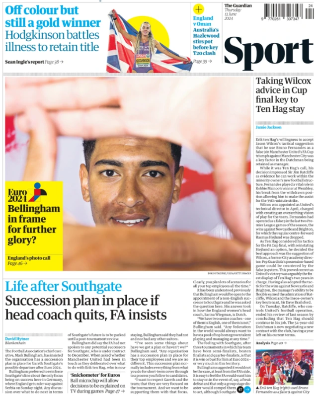 Lead sport page of the Guardian on 13 June 2024