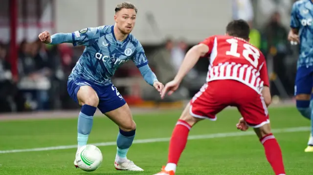 Matty Cash playing for Aston Villa against Olympiakos