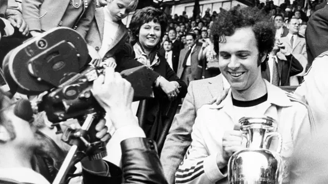 Franz Beckenbauer with the European Championship trophy after West Germany won the competition in 1972