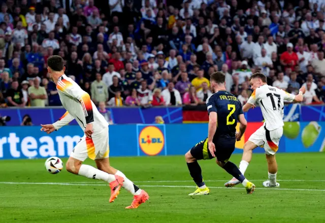 Germany's Florian Wirtz scores their side's first goal of the game during the UEFA Euro 2024 Group A match at the Munich Football Arena in Munich, Germany.