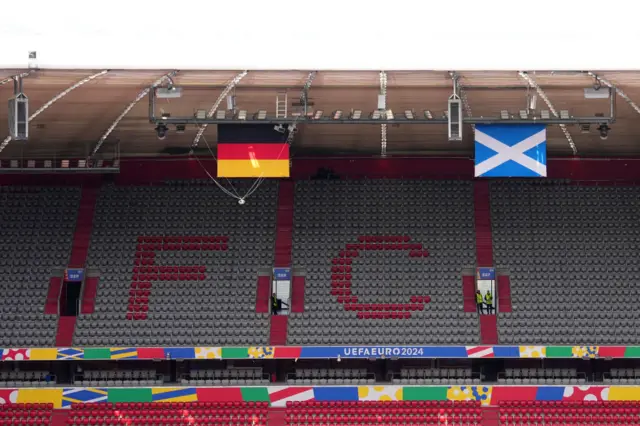 The flags of Germany and Scotland are seen inside the stadium prior to the UEFA EURO 2024 group stage match between Germany and Scotland