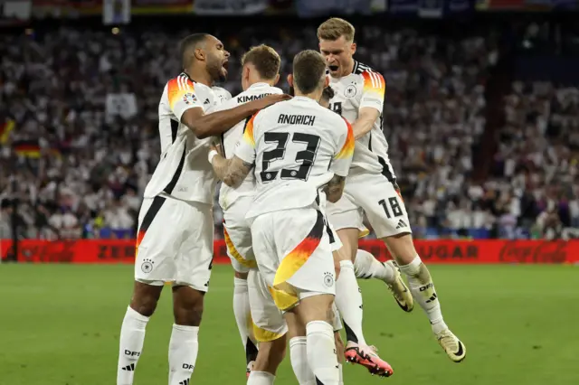 Players of Germany celebrate after the 3-0 goal during the UEFA EURO 2024 group A match between Germany and Scotland in Munich, Germany,