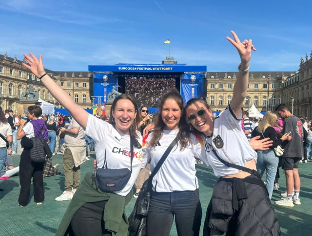 Female Germany fans pictured in Stuttgart's Euro 2024 fan zone