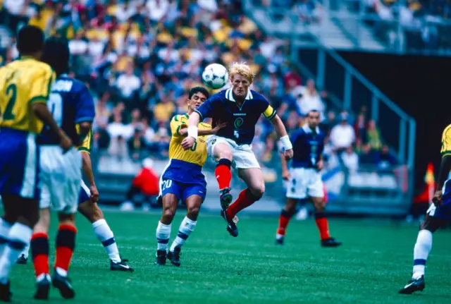 Colin Hendry playing for Scotland against Brazil in 1998