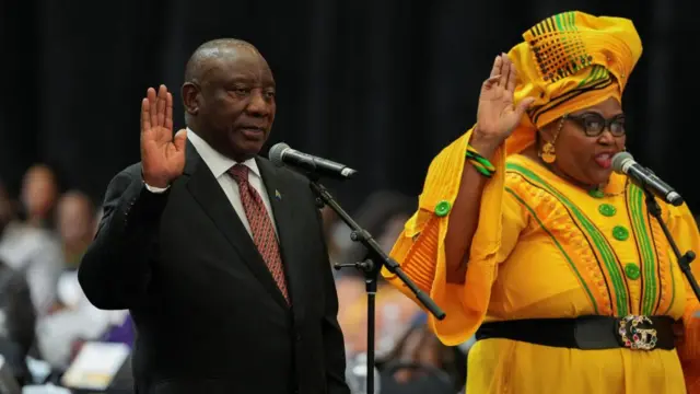 outh African President Cyril Ramaphosa is sworn into the National Assembly during the first sitting of the National Assembly following elections, at the Cape Town International Convention Center (CTICC) in Cape Town, South Africa, June 14, 2024