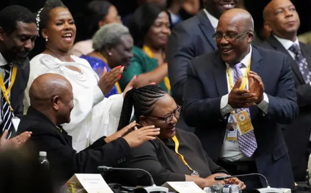 Newly elected Speaker of Parliament Thoko Didiza receives applause from African National Congress (ANC) members of parliament during the first sitting of the National Assembly following elections, at the Cape Town International Convention Center (CTICC), in Cape Town, South Africa June 14, 2024