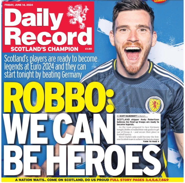 Front page of the Daily Record on 14 June 2024