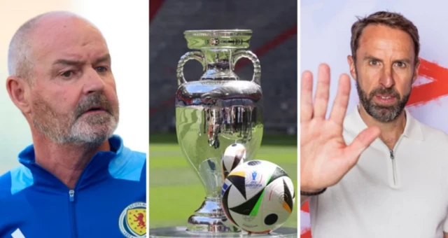 Split image featuring Scotland manager Steve Clarke, the European Championship trophy and England manager Gareth Southgate