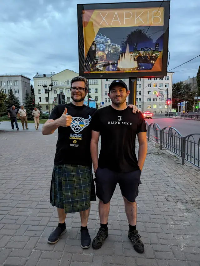 Two members of the Tartan Army in Kharkiv