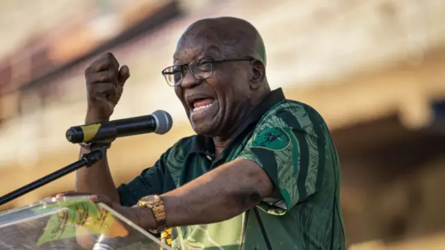 Former South African President and uMkhonto weSizwe (MK) leader Jacob Zuma delivers a speech