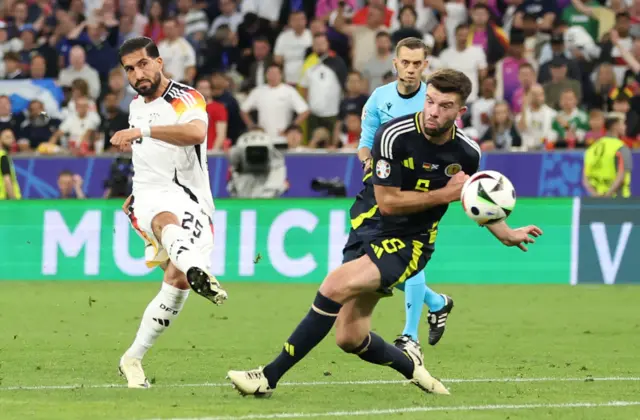 Emre Can of Germany scores his team's fifth goal during the UEFA EURO 2024 group stage match between Germany and Scotland at Munich Football Arena