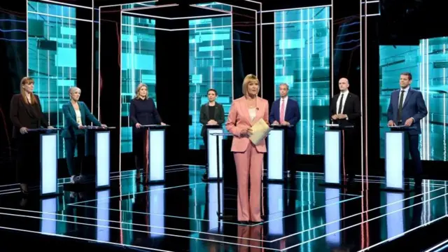 From left to right - Angela Rayner, deputy leader of the Labour Party, Daisy Cooper, deputy leader of the Liberal Democrats, Penny Mordaunt, leader of the House of Commons, Carla Denyer, co-leader of the Green Party of England and Wales, Host Julie Etchingham, Nigel Farage, leader of Reform UK, Stephen Flynn, leader of the Scottish National Party and Rhun ap Iorwerth, leader of Plaid Cymru during the ITV Election Debate