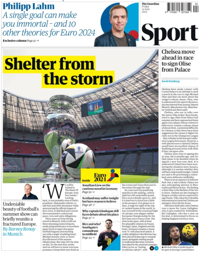 Lead sport page of the Guardian on 14 June 2024