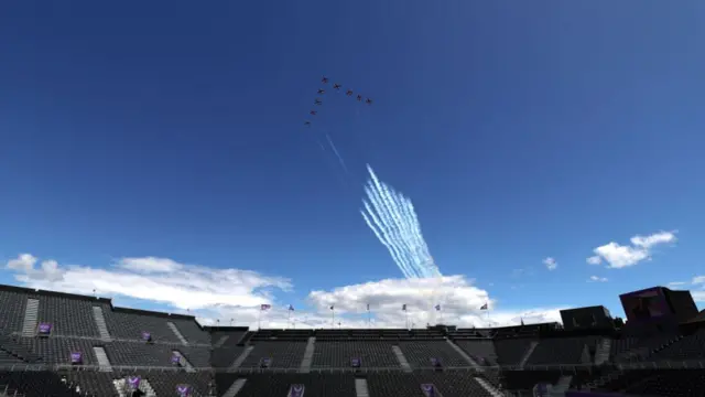 A landscape shot of the RAF flypast against a blue sky